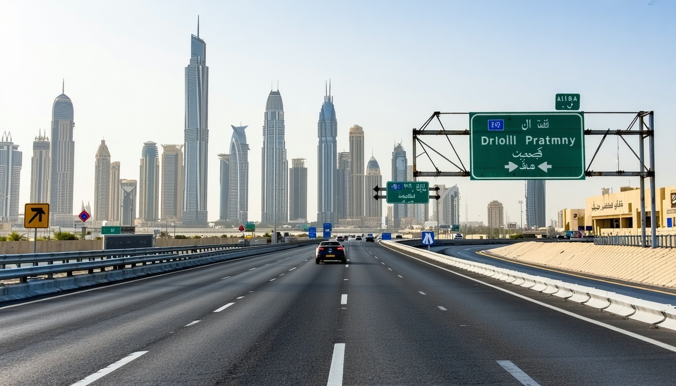 Dubai skyline with busy highway and toll signs