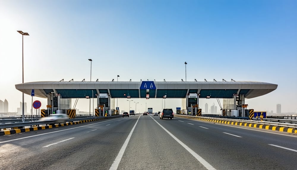 Modern road toll gate in Dubai with vehicles passing smoothly