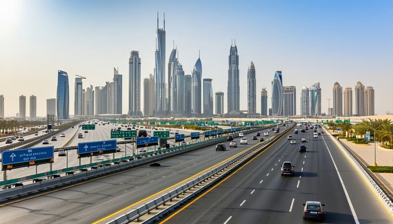 Dubai skyline with major highways and road toll gates